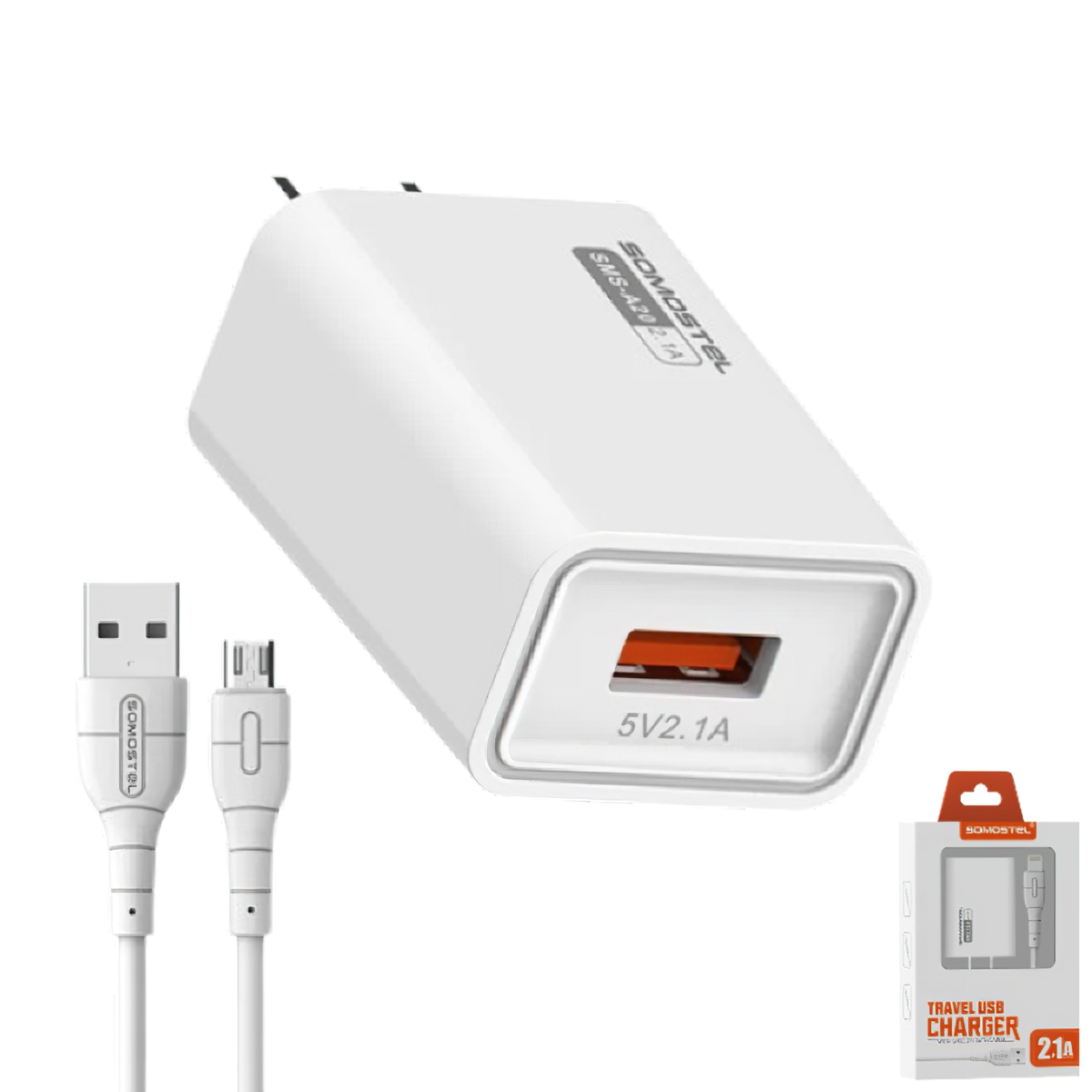 Cargador De Pared USB 2.1A + Cable Micro USB (A20) SOMOSTEL