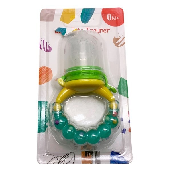 Chupete con mordillo para fruta, con tapa y sonajero, en blister varios colores
