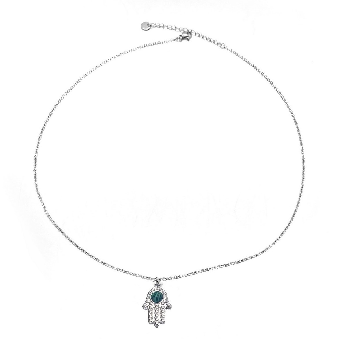 Cadena con dije mano de fatima y piedra de color acero quirurgico