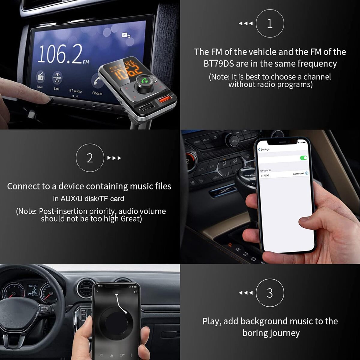Sintonizador / Emisor Radio FM Bluetooth Con 2 USB 4A / Auxiliar 3.5mm / MicroSD / BT79DS - Imagen 2