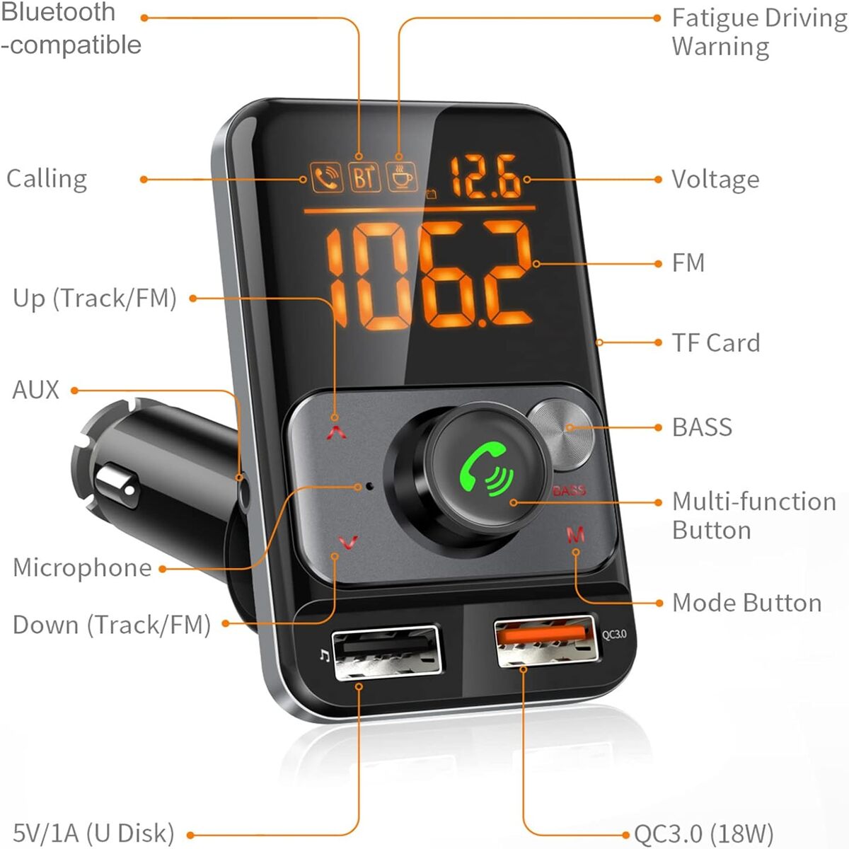Sintonizador / Emisor Radio FM Bluetooth Con 2 USB 4A / Auxiliar 3.5mm / MicroSD / BT79DS - Imagen 3