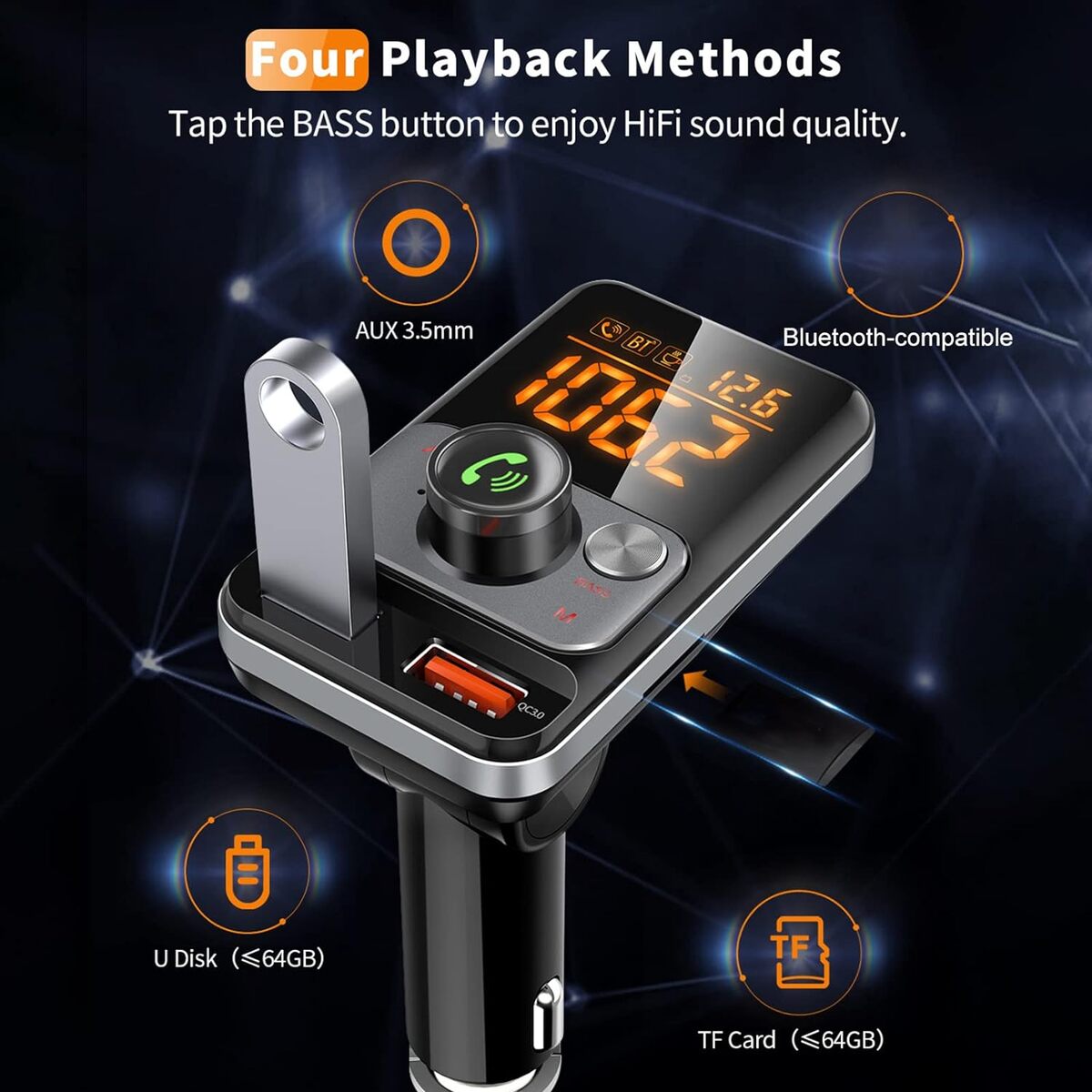 Sintonizador / Emisor Radio FM Bluetooth Con 2 USB 4A / Auxiliar 3.5mm / MicroSD / BT79DS - Imagen 4