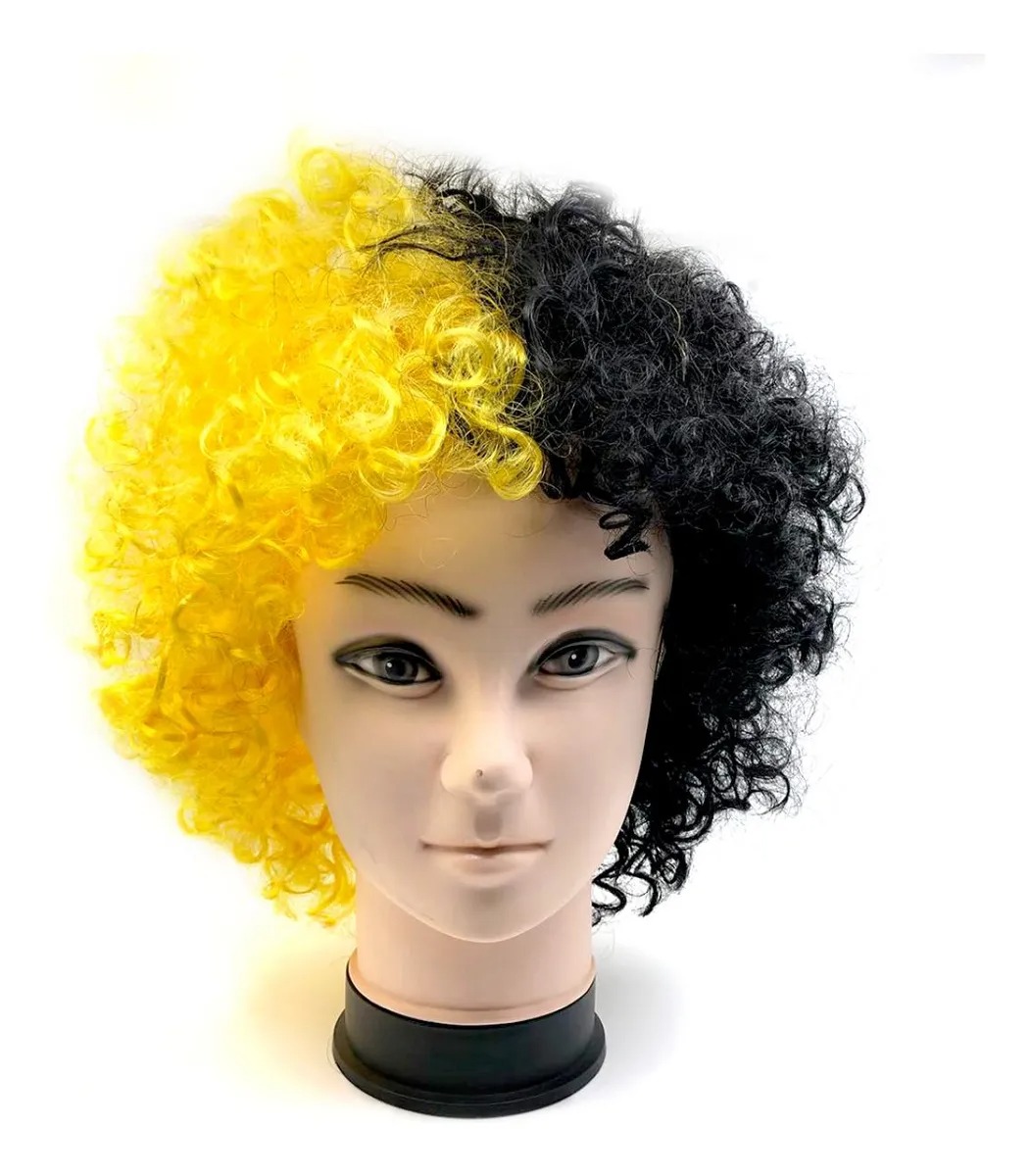 Peluca Afro rulos Tricolor / Amarillo y negro / celeste