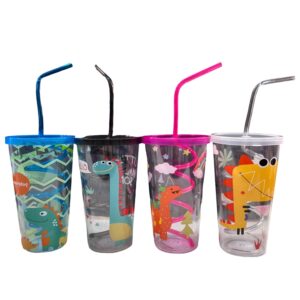 Vaso con sorbito ondulado diseño dinosaurio varios colores