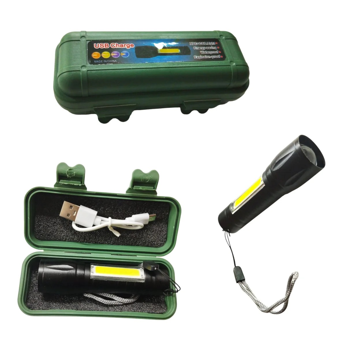 Linterna con zoom LED recargable en caja verde 9.5x2.5cm - Imagen 4