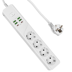 Zapatilla / Alargue 2MT / 4 Toma Corriente Schuko 3000W / 4 USB 5V-4.2A / 2 Puerto Tipo-C PD 18W